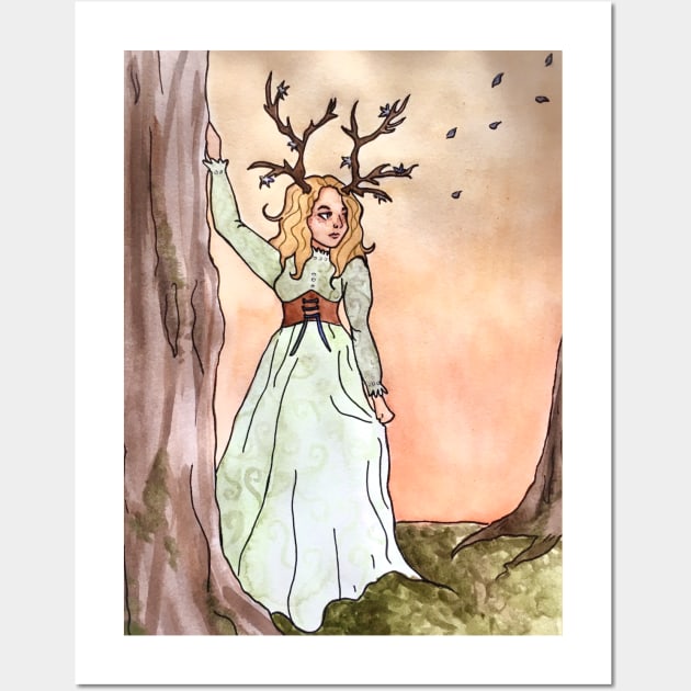 Cottagecore Deer Girl: Mossy Forest at Sunset Wall Art by TheDoodlemancer